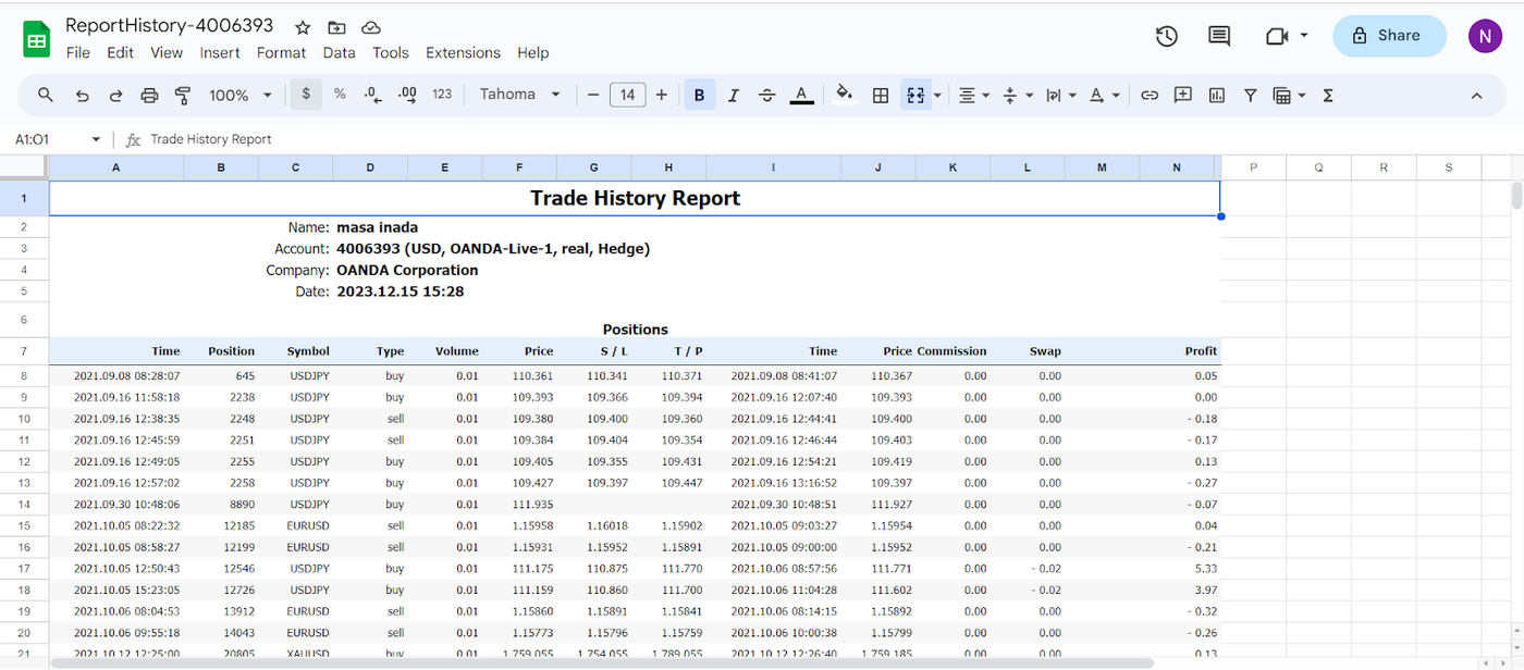 Trade History report in MT5 in excel format